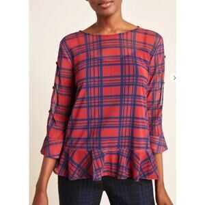 NWT Anthropologie Eva Franco Red Plaid Sheer Long Sleeve Blouse Size XS